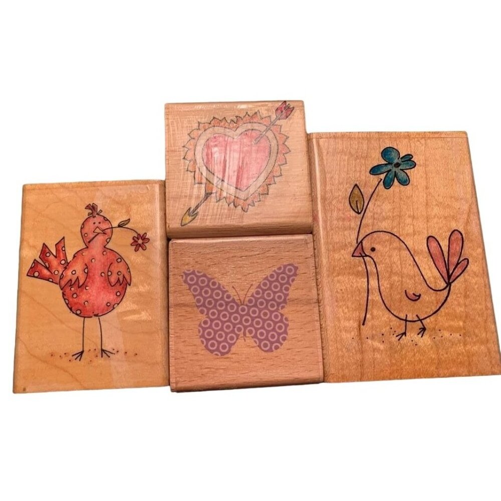 Birds Butterfly Wood Block Rubber Stamps Set Crafting Fun
